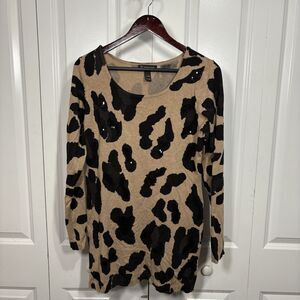 INC International Concepts L Leopard Print Sweater Women Tan Sequin Boho Chic